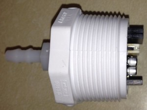 The board stack fits inside schedule 40 1.5" PVC plumbing fittings. The barbed fitting is mounted in the cap and holds the o-ring that seals against the MS5803 sensor inside. 