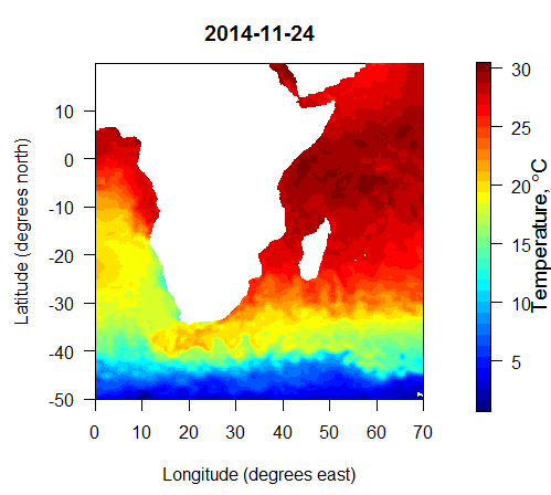 Ocean temperatures around Africa for 2014-11-24.